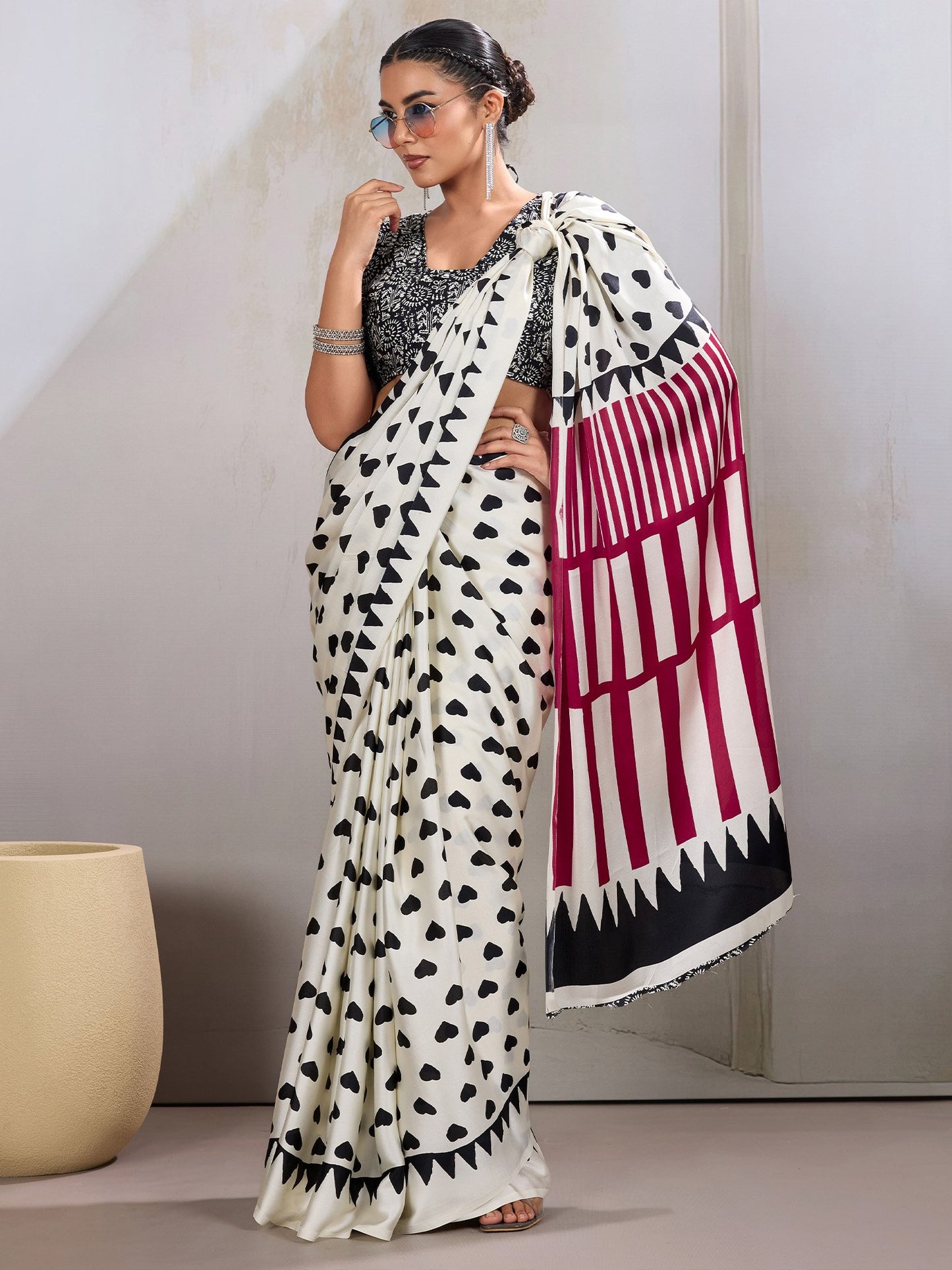 White Banarasi Satin Printed Saree