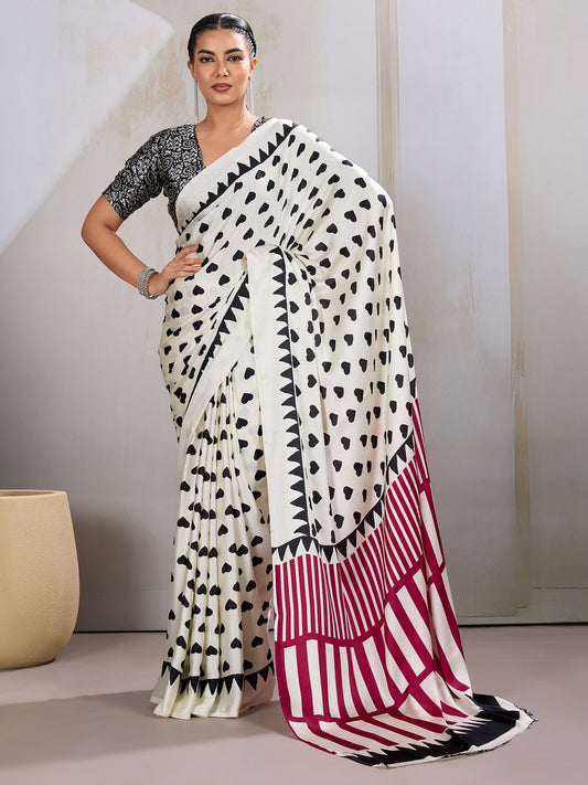 White White Banarasi Satin Printed Saree