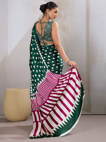 Green Banarasi Satin Printed Saree