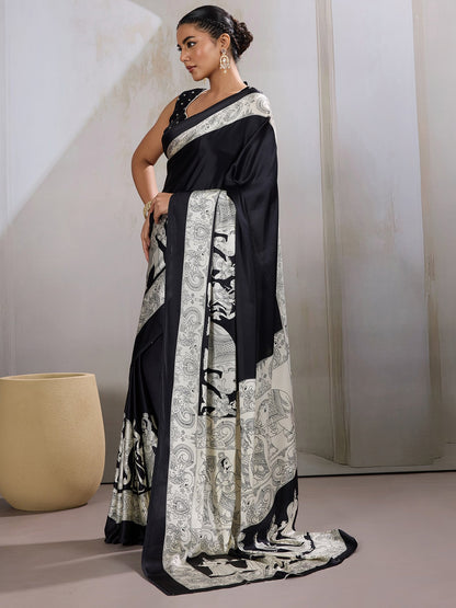 Black Banarasi Satin Printed Saree