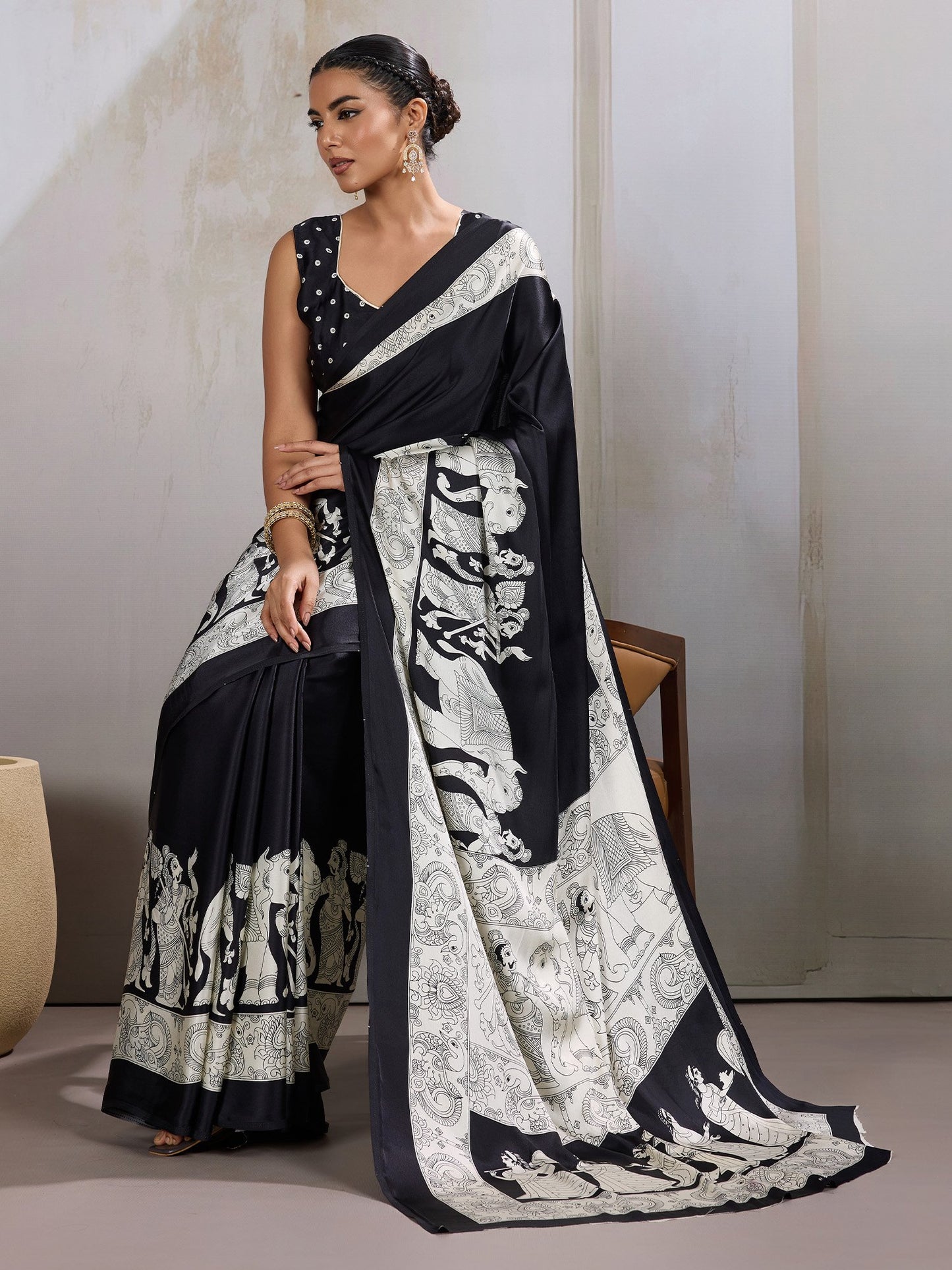 Black Banarasi Satin Printed Saree