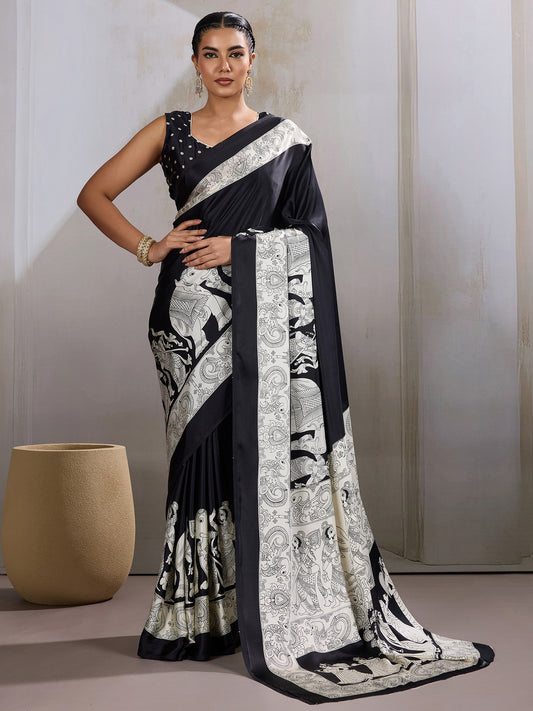 Black Black Banarasi Satin Printed Saree