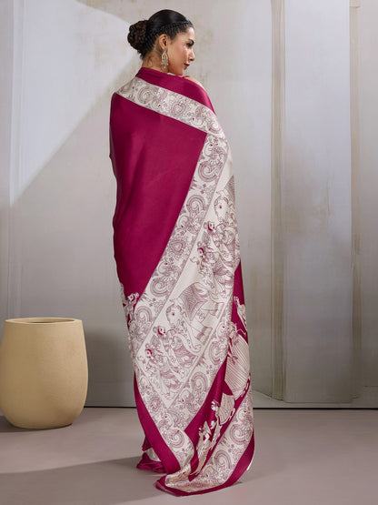 Burgundy Banarasi Satin Printed Saree