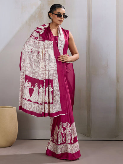 Burgundy Banarasi Satin Printed Saree