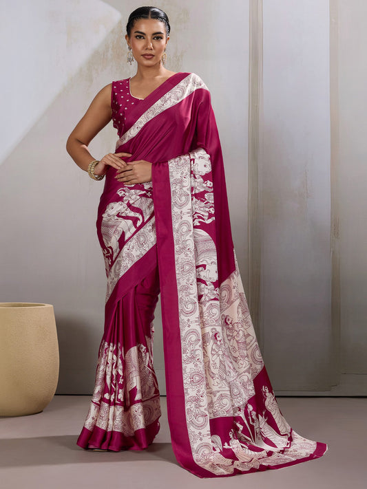 Pink Burgundy Banarasi Satin Printed Saree