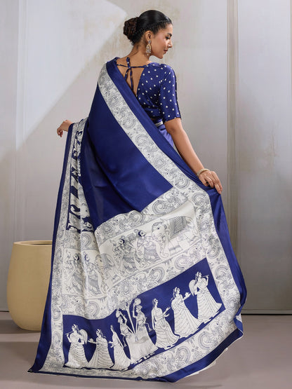 Blue Banarasi Satin Printed Saree