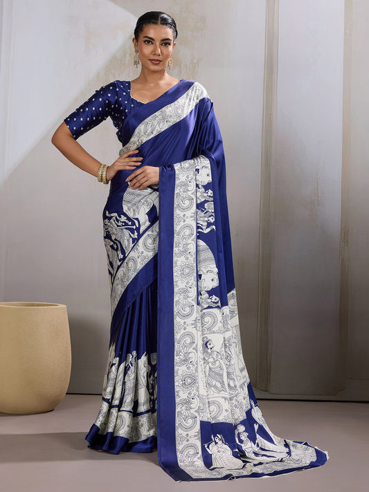 Blue Blue Banarasi Satin Printed Saree