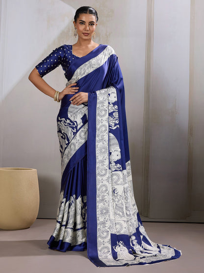 Blue Blue Banarasi Satin Printed Saree