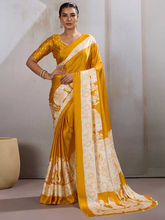 Yellow Mustard Banarasi Satin Printed Saree
