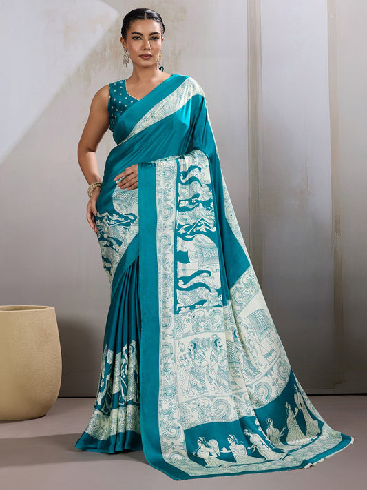 Blue Light Banarasi Satin Printed Saree