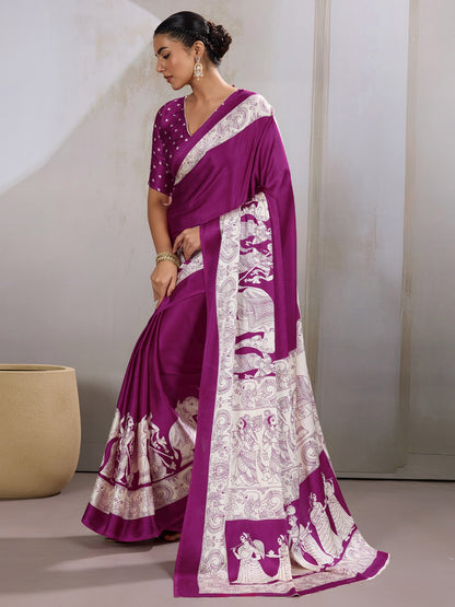 Purple Banarasi Satin Printed Saree