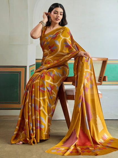 Mustard Banarasi Pure Silk Printed Saree