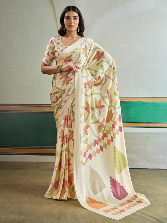 White Off Banarasi Pure Silk Printed Saree