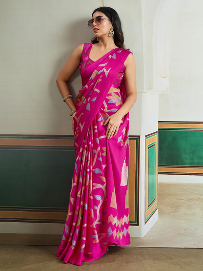 Pink Banarasi Pure Silk Printed Saree