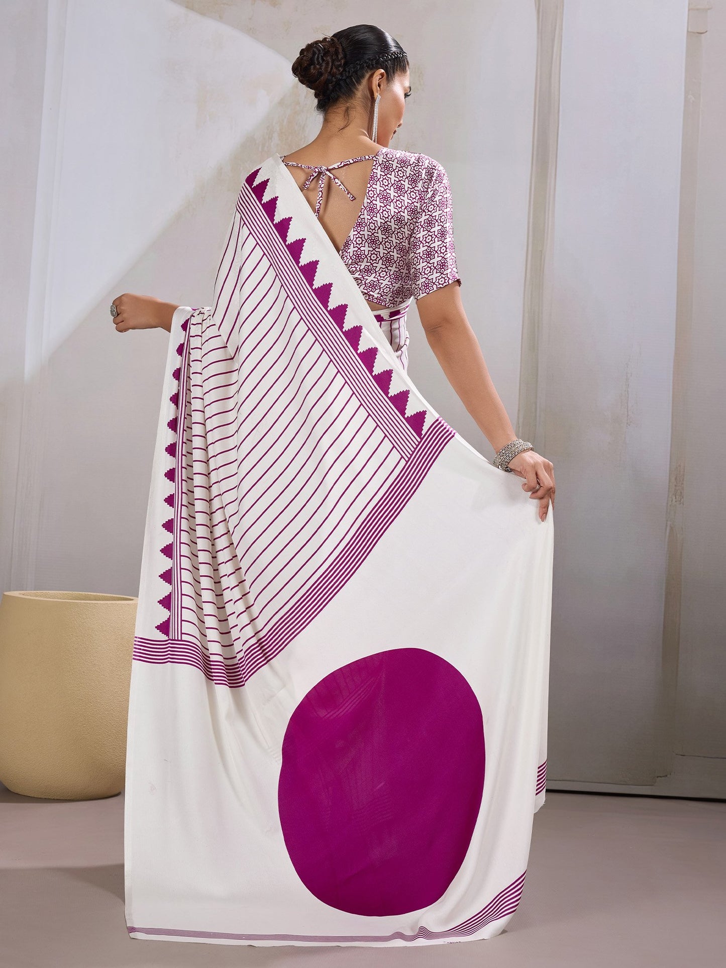 White Leheriya Satin Printed Saree
