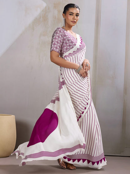 White Leheriya Satin Printed Saree