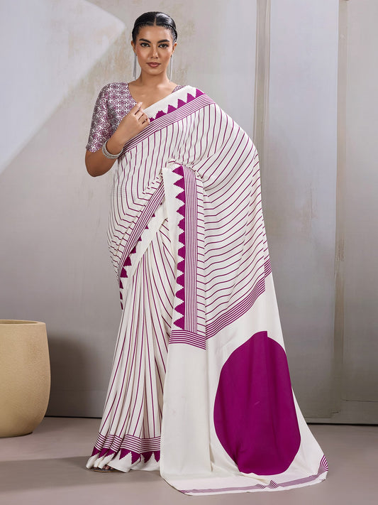 White White Leheriya Satin Printed Saree