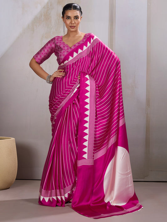 Pink Pink Leheriya Satin Printed Saree