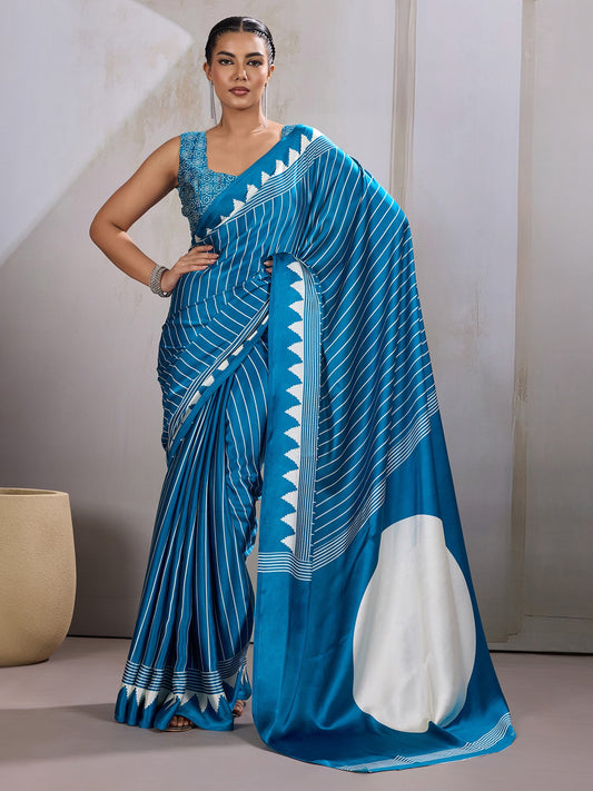 Blue Light Leheriya Satin Printed Saree