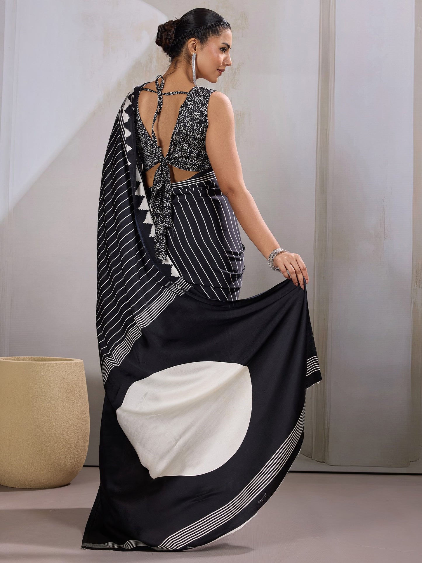 Black Leheriya Satin Printed Saree