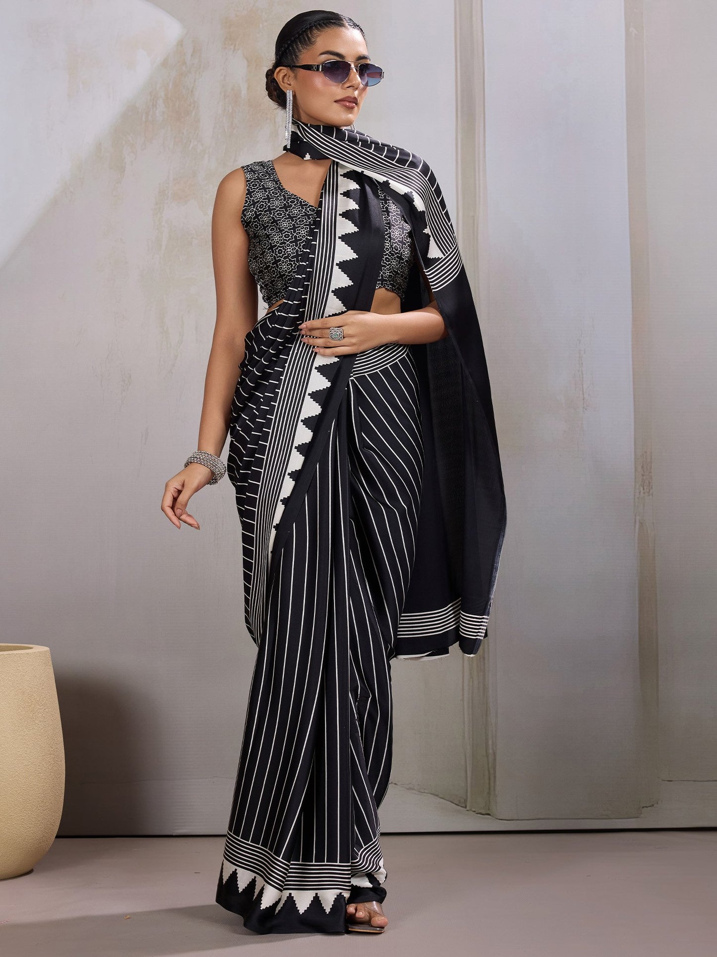 Black Leheriya Satin Printed Saree