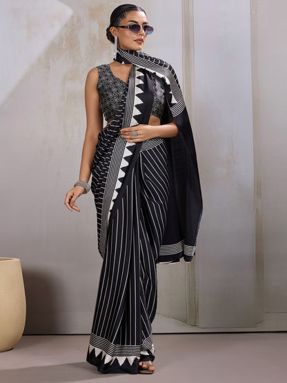 Black Leheriya Satin Printed Saree