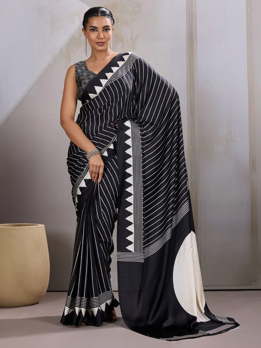 Black Black Leheriya Satin Printed Saree