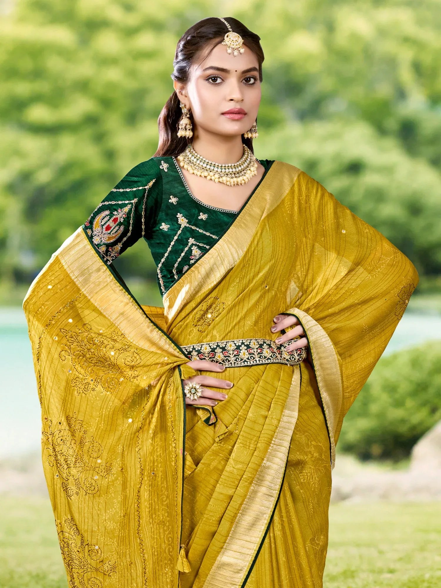 Mustard Tussar Crepe Printed Saree