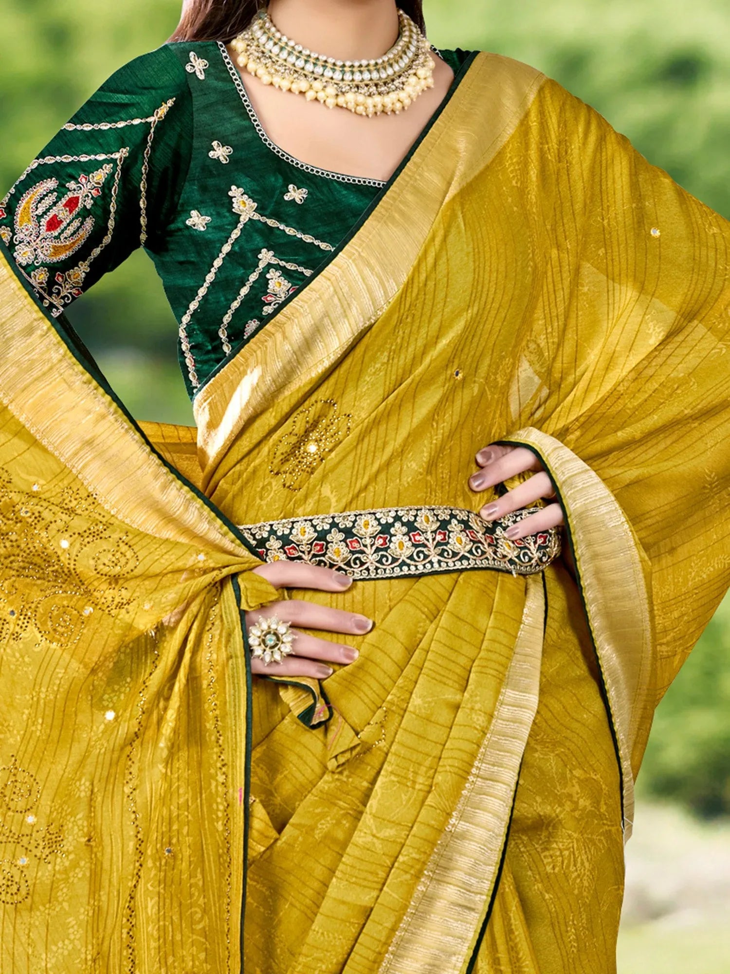 Mustard Tussar Crepe Printed Saree