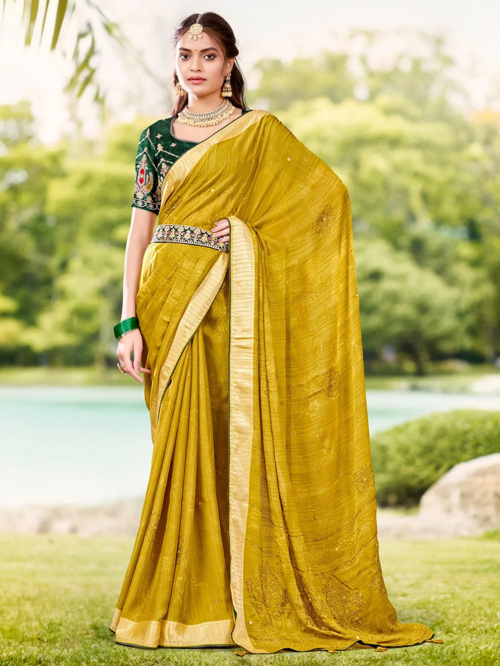 Yellow Mustard Tussar Crepe Printed Saree
