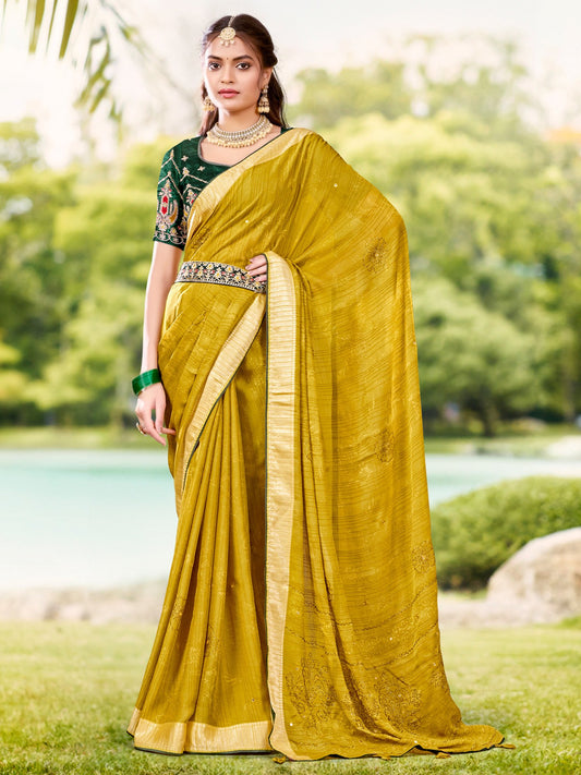Yellow Mustard Tussar Crepe Printed Saree