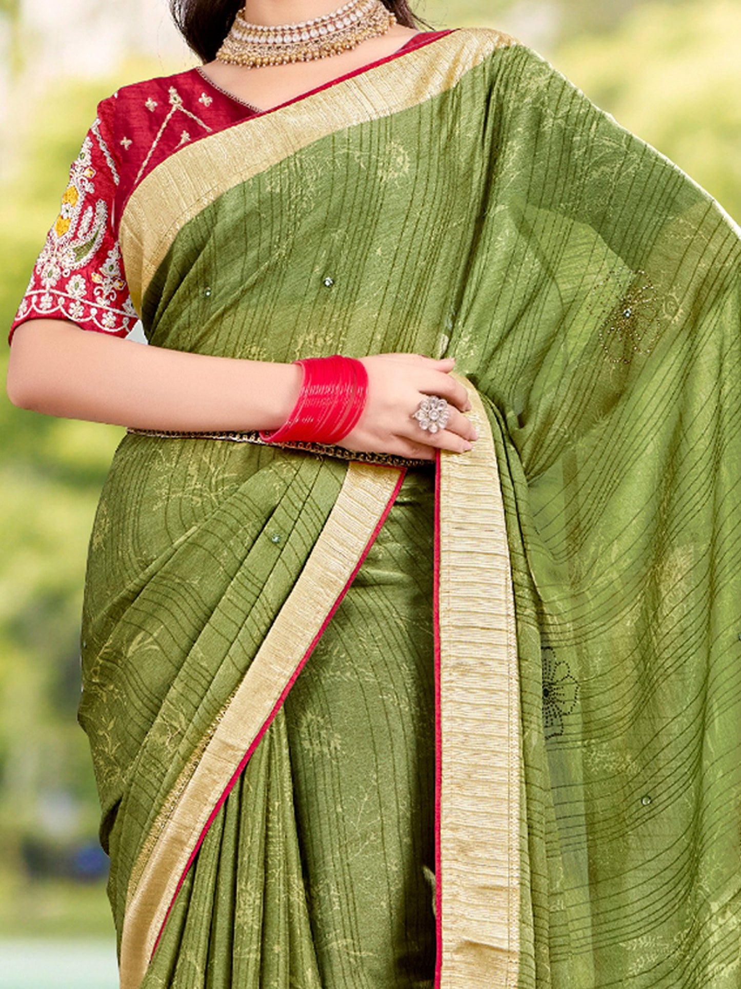 Green Tussar Crepe Printed Saree