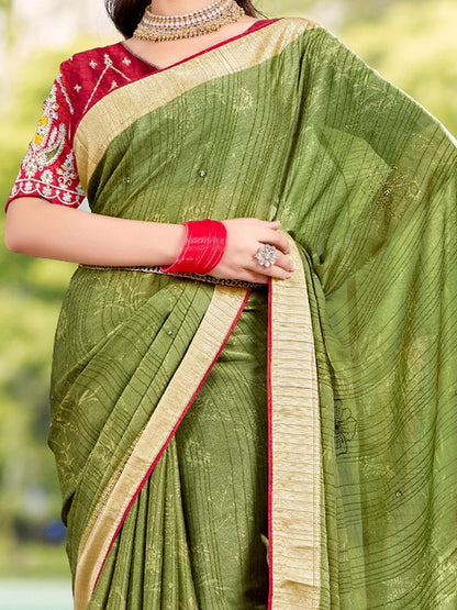 Green Tussar Crepe Printed Saree