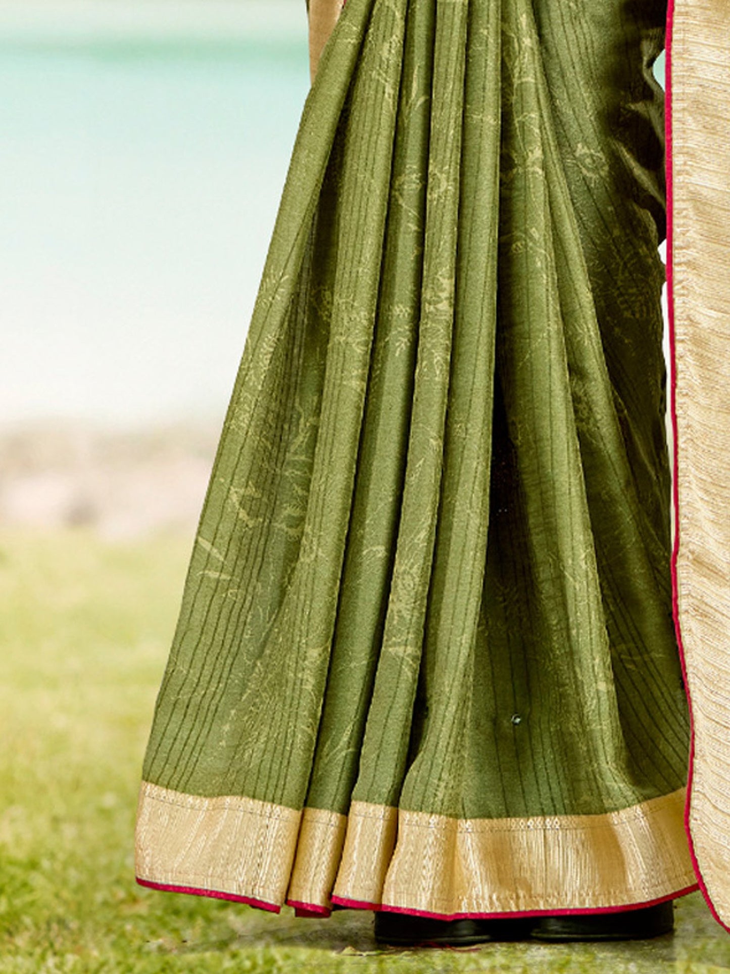 Green Tussar Crepe Printed Saree