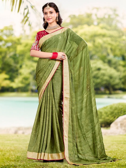Green Green Tussar Crepe Printed Saree