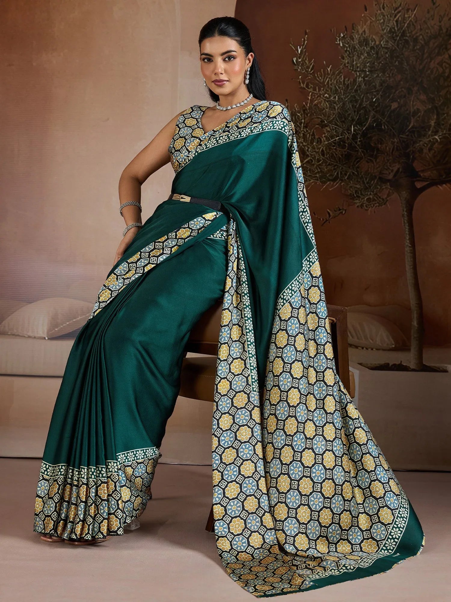 Green Banarasi Pure Silk Printed Saree - The Dori Store