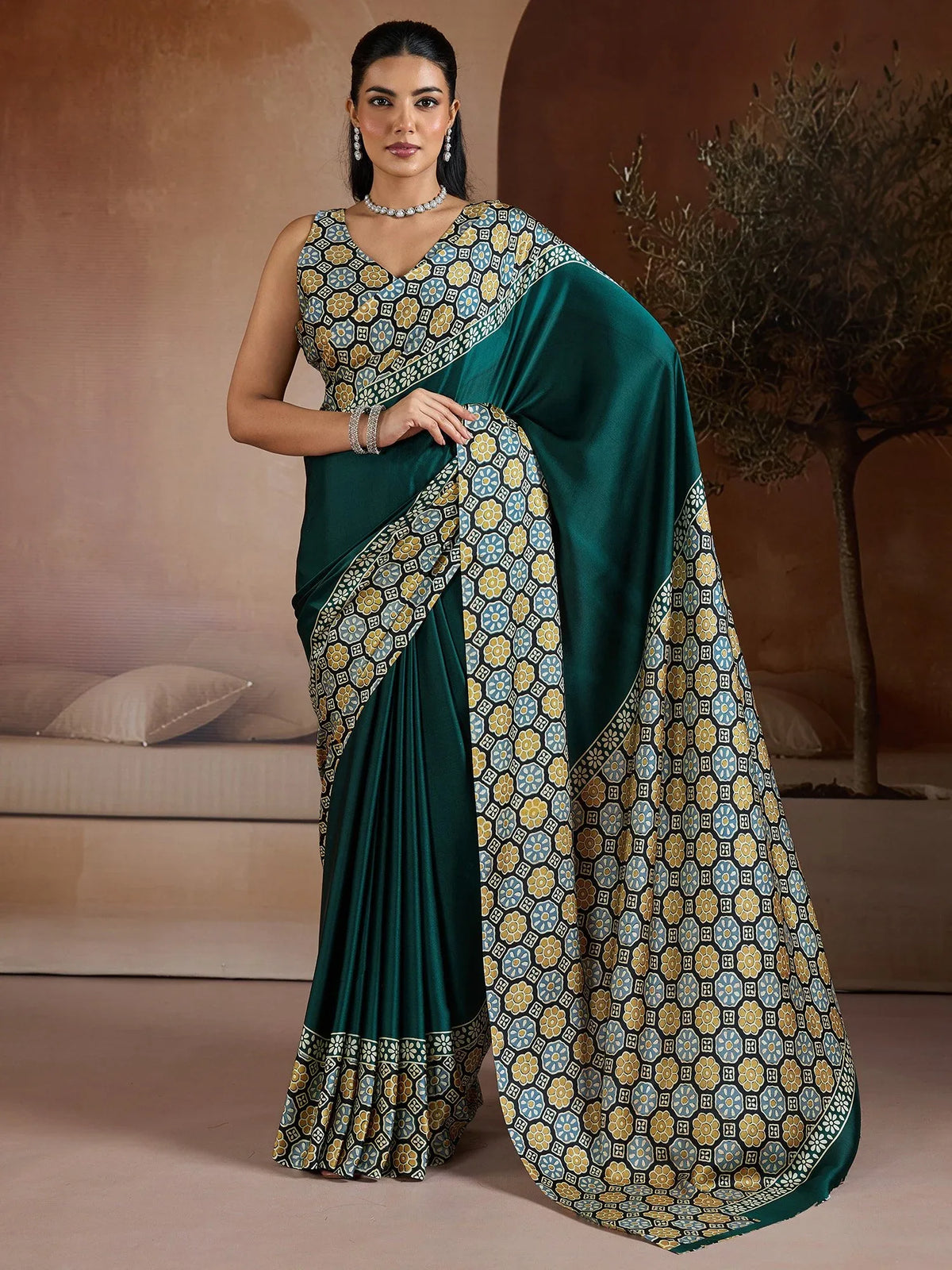 Green Banarasi Pure Silk Printed Saree - The Dori Store