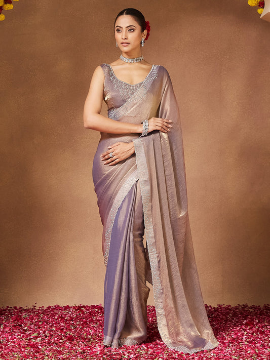 Grey Metallic Party Wear Chiffon Embellished Saree