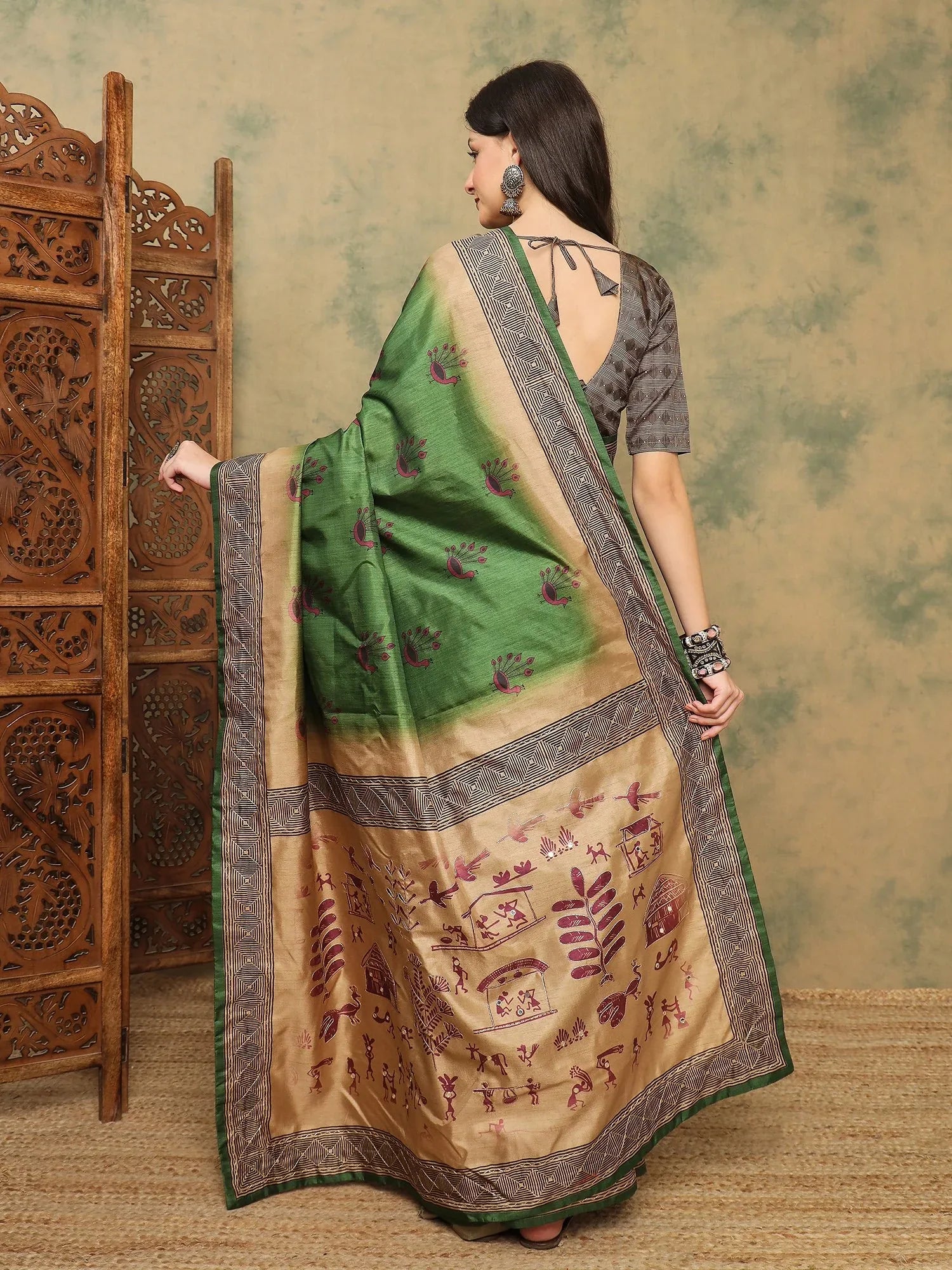 Green Banarasi Silk Blend Digital Print Saree - The Dori Store