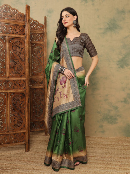 Green Banarasi Silk Blend Digital Print Saree