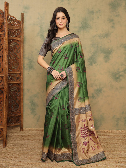 Green Green Banarasi Silk Blend Digital Print Saree