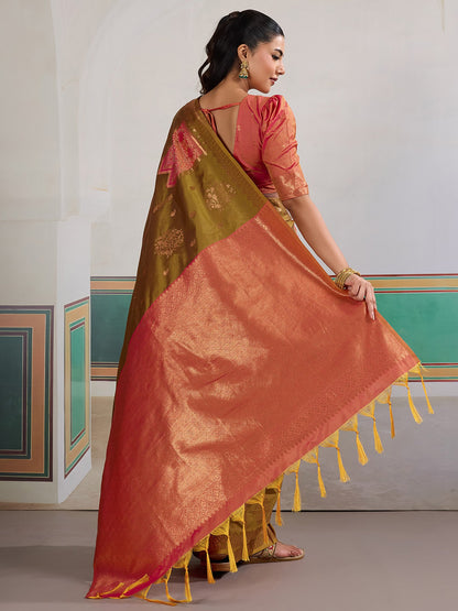Olive Banarasi Silk Woven Saree