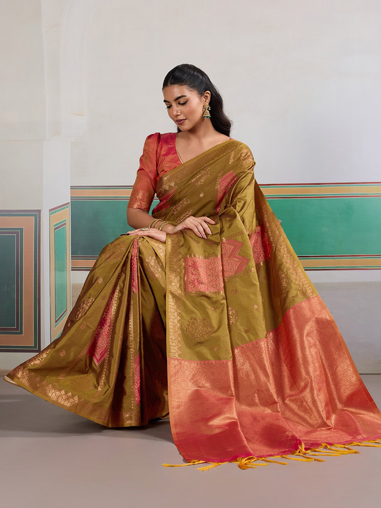 Olive Banarasi Silk Woven Saree