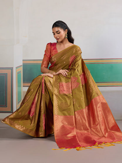 Olive Banarasi Silk Woven Saree