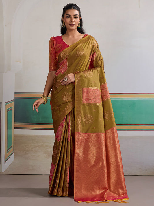Green Olive Banarasi Silk Woven Saree