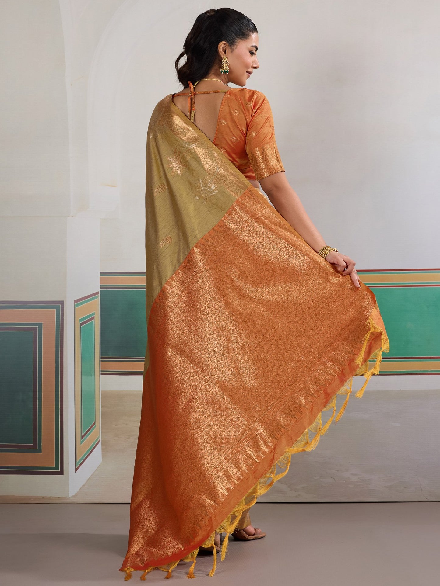 Beige Banarasi Tussar Silk Woven Saree