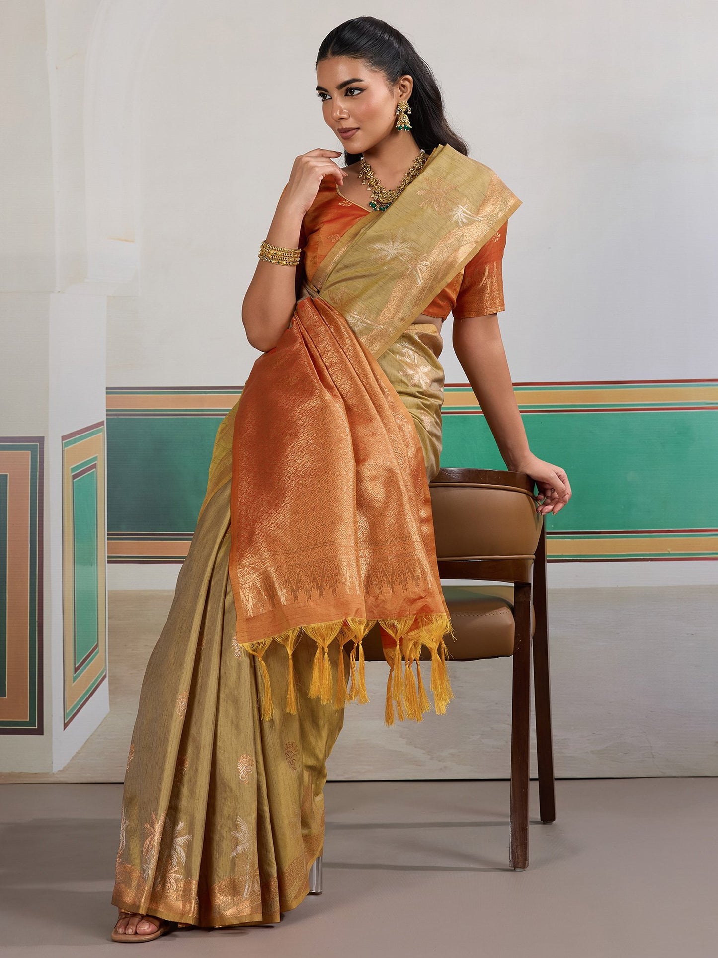Beige Banarasi Tussar Silk Woven Saree