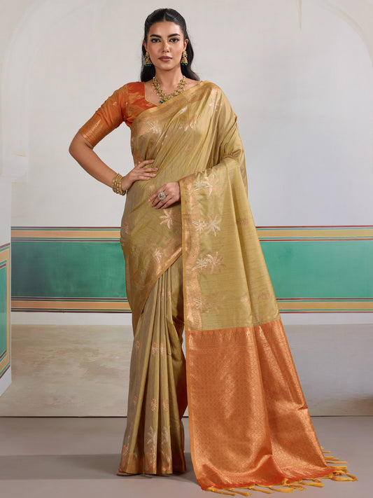 Golden Beige Banarasi Tussar Silk Woven Saree