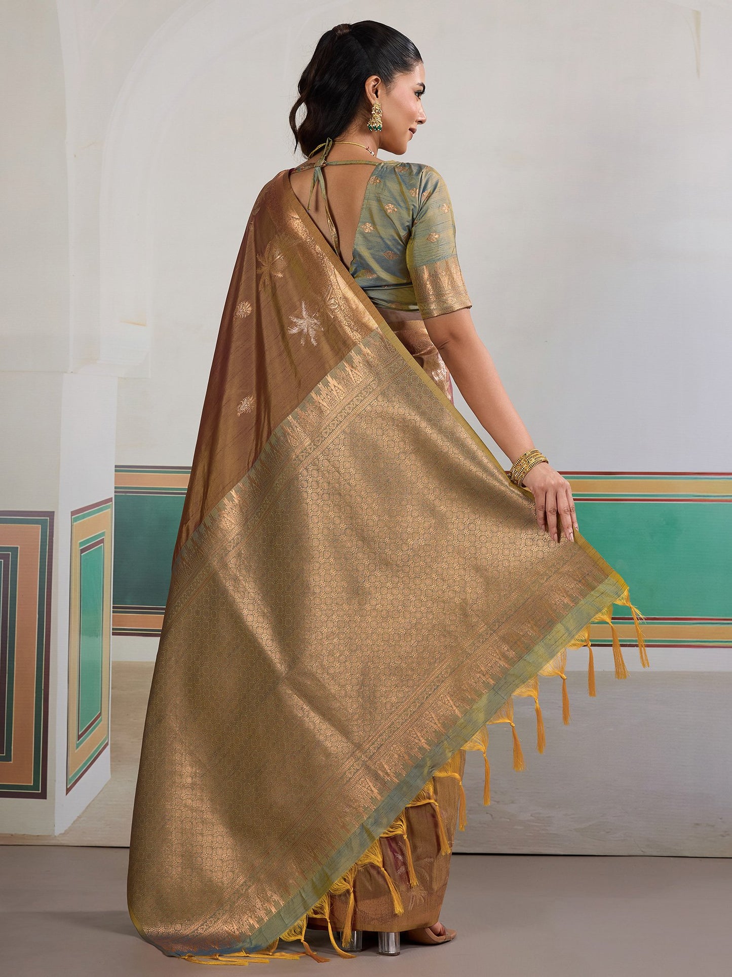 Brown Banarasi Tussar Silk Woven Saree