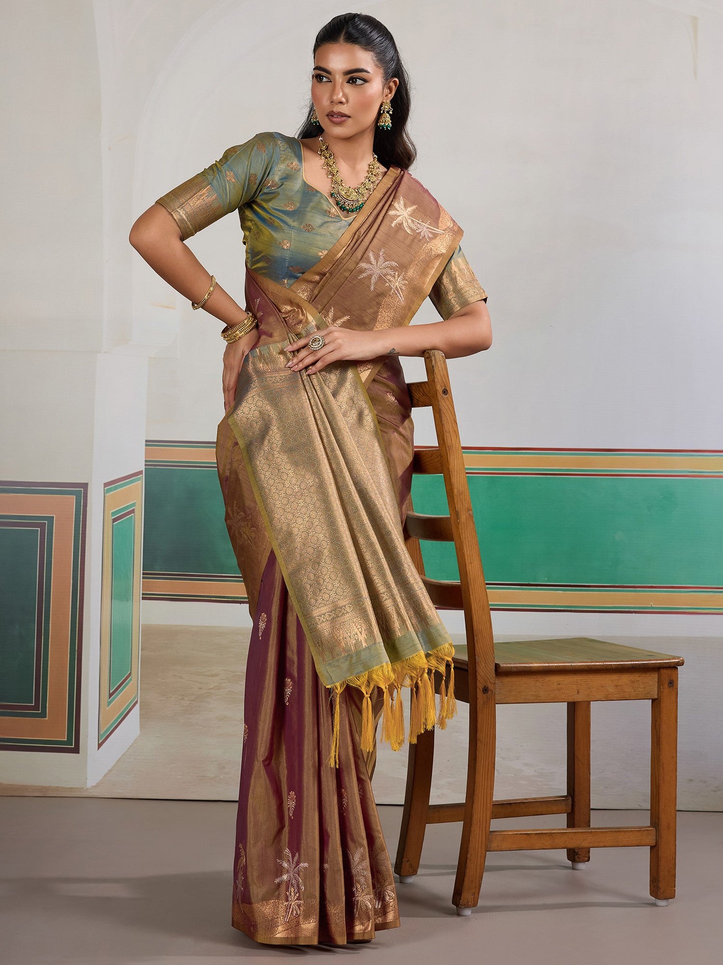 Brown Banarasi Tussar Silk Woven Saree